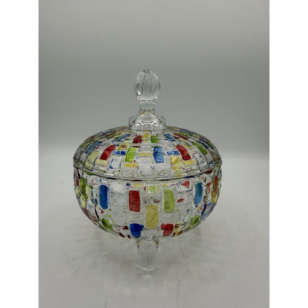 🍬✨ Vintage Style Mosaic Art Glass Lidded Candy Dish – 24 oz | EUC ✨🍬